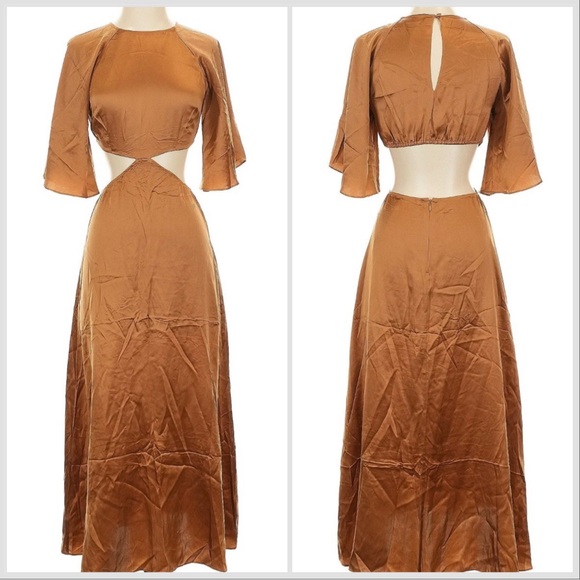 Reformation Noemi Cutout Silk Midi Dress Sz 0 Butterscotch Cocktail Wedding - Picture 13 of 16